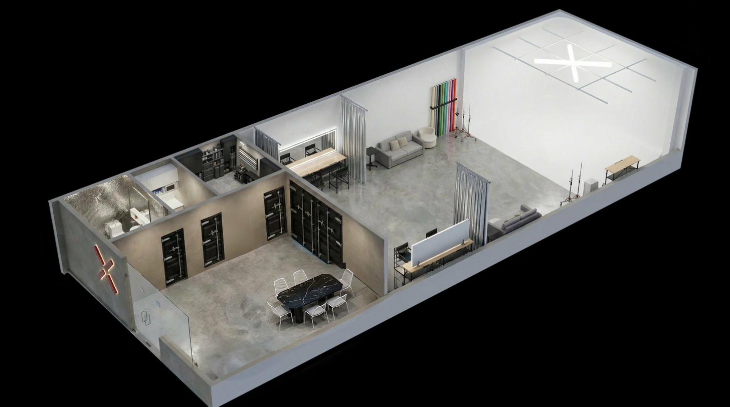 PioneerX Studios 3D floor plan, 144 SQM shooting floor, infinity cyclorama, glam room, client lounge, kitchenette, and reception at Pioneer Centre, Kapitolyo, Pasig