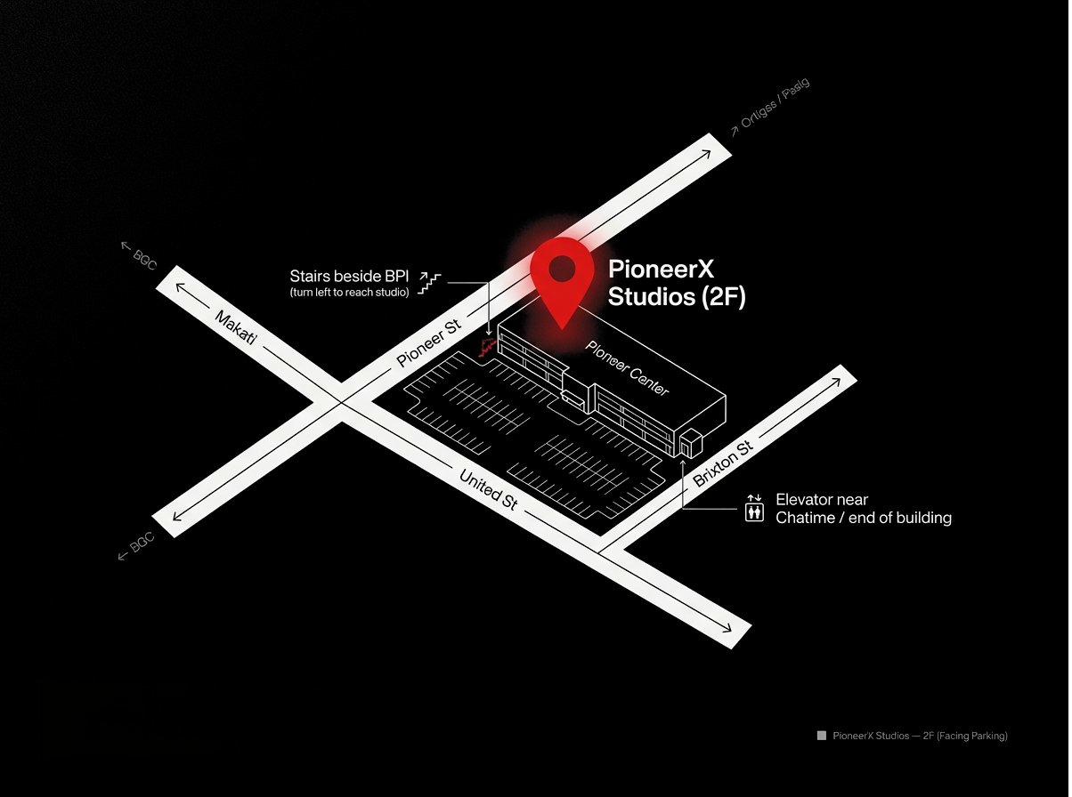 PioneerX Studios location map at 2F Pioneer Centre, corner of Pioneer, United and Brixton Streets, Brgy. Kapitolyo, Pasig City